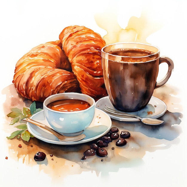 een kopje koffie naast een kopje koffie en croissants.