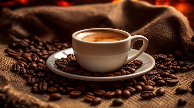 Een kopje koffie omringd door koffiebonen