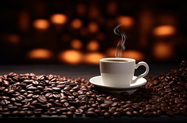 Een kopje koffie op een donkerzwarte achtergrond omringd door geroosterde bonen1