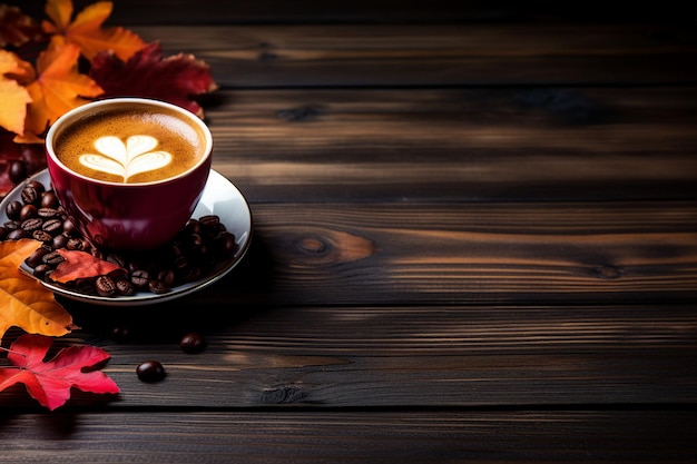 Een kopje koffie op een houten tafel met herfstsfeer