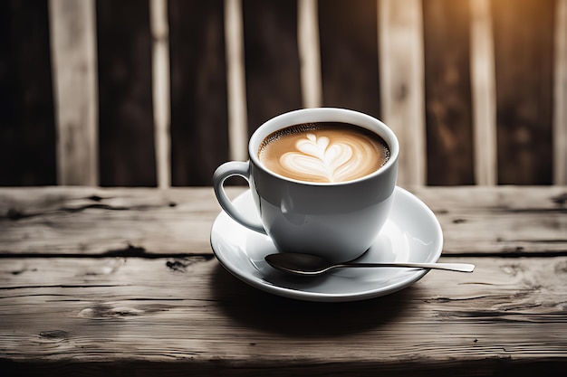 Een kopje koffie op een rustieke houten tafel