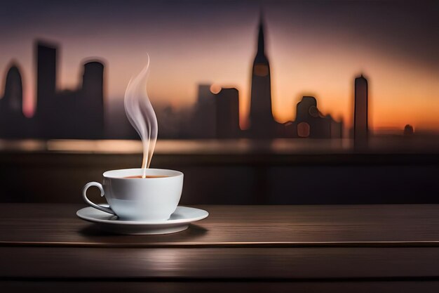 Een kopje koffie op een tafel met de skyline op de achtergrond.