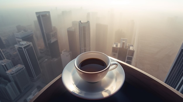 Een kopje koffie op een tafel met een stad op de achtergrond.