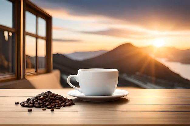 Een kopje koffie op een tafel met een zonsondergang op de achtergrond Generative Ai