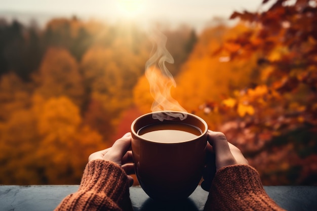 Een kopje koffie op een tafel met uitzicht op de herfst Generatieve AI