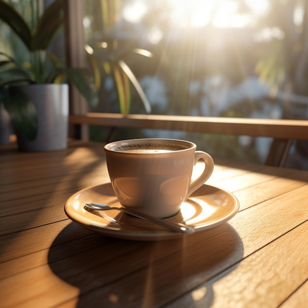 Een kopje koffie staat op een houten tafel met een plant op de achtergrond.