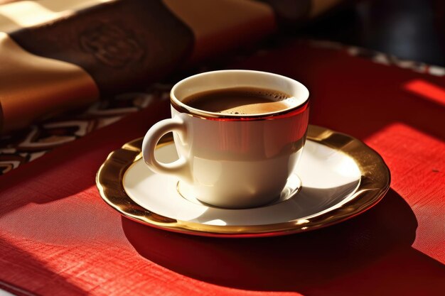 Een kopje koffie staat op een schoteltje met een gouden randje.