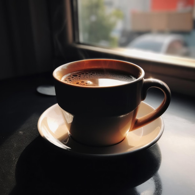 Een kopje koffie staat op een schoteltje naast een raam.
