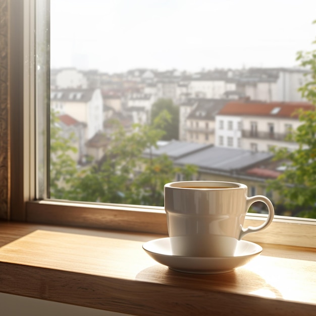 Een kopje koffie staat op een schoteltje voor een raam.