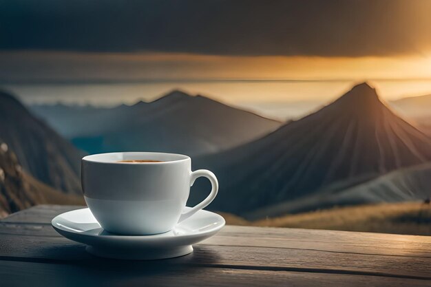 Foto een kopje koffie staat op een tafel met een berg op de achtergrond