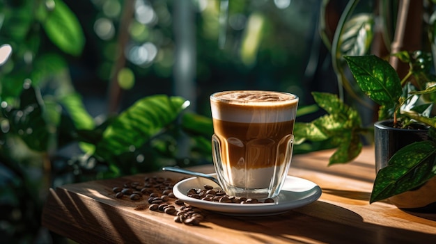 Een kopje koffie staat op een tafel met een groene plant op de achtergrond.