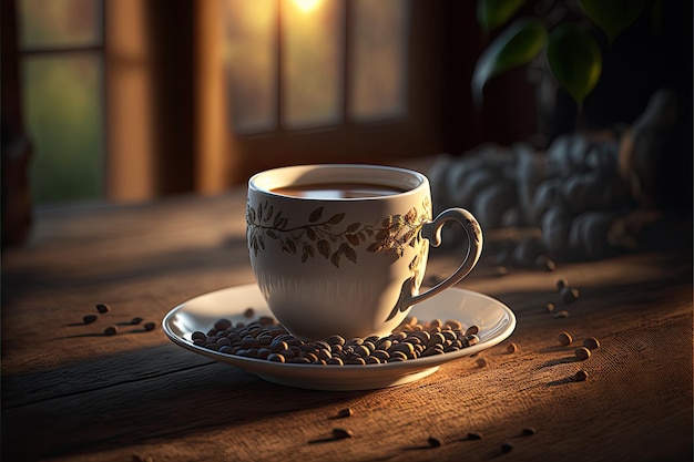 Een kopje koffie staat op een tafel met een raam op de achtergrond.