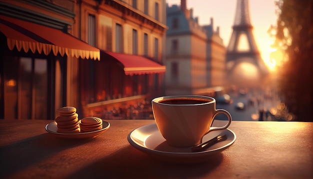 Een kopje koffie staat op een tafel voor een Eiffeltoren.
