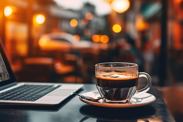 Een kopje koffie staat op een tafel voor een laptop in de coffeeshop