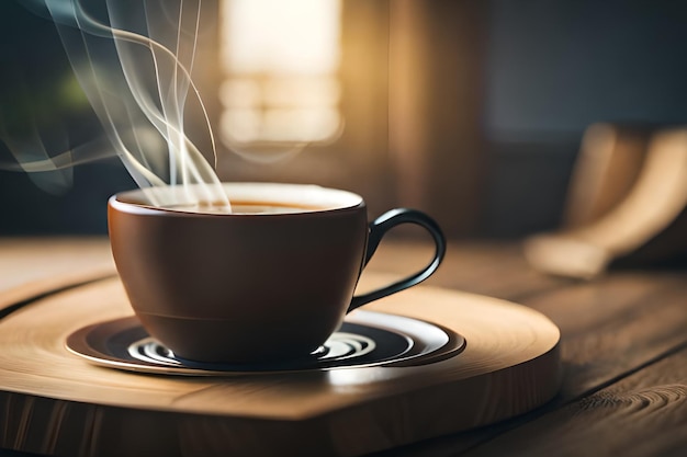 Een kopje koffie staat op een tafel voor een raam.