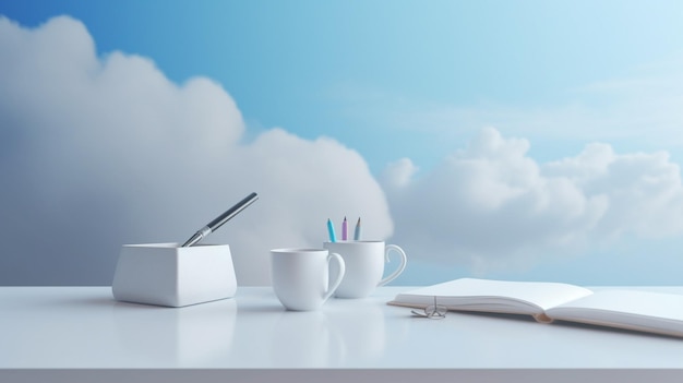Een kopje koffie staat op een witte tafel voor een blauwe lucht met wolken.