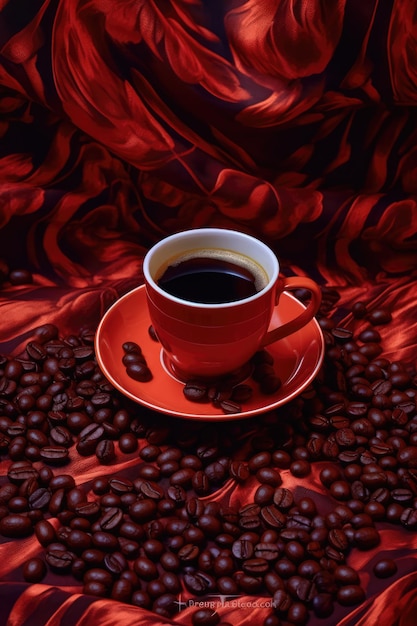 Een kopje koffie te midden van een zee van donker gebrande koffiebonen