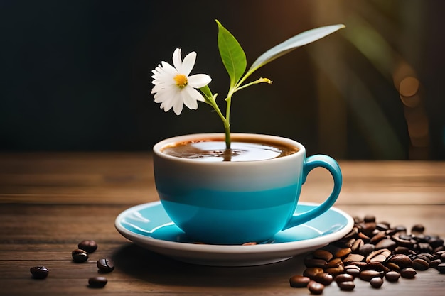 Een kopje koffie waar een bloem uit groeit