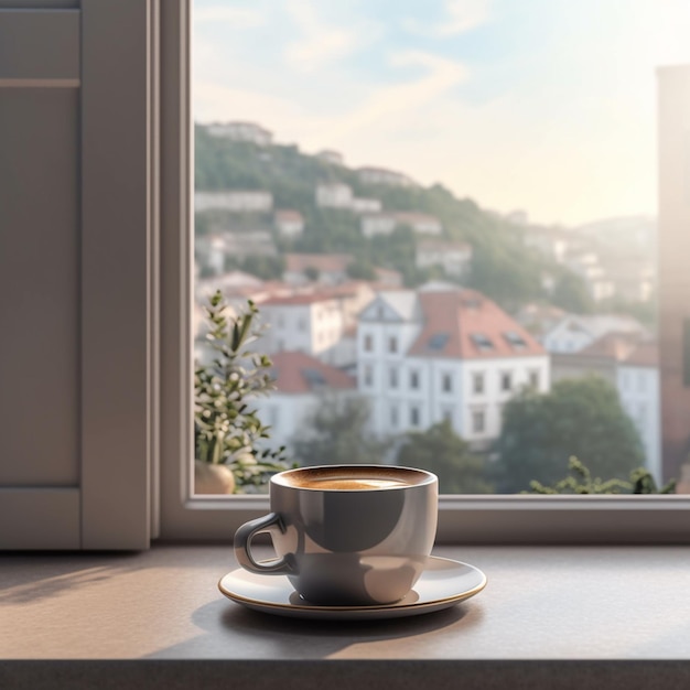 Een kopje koffie zit op een vensterbank met uitzicht op de stad op de achtergrond.