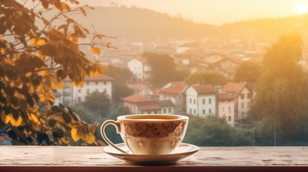 Een kopje koffie zit op een vensterbank met uitzicht op een stad.