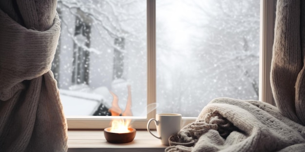 Een kopje koffie zittend op een vensterbank Generatief AI-beeld