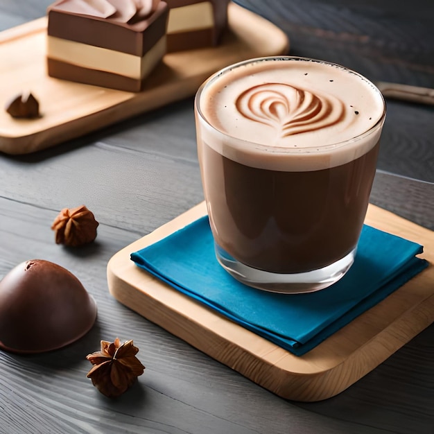 Een kopje latte art met chocolaatjes op een blauw servet.