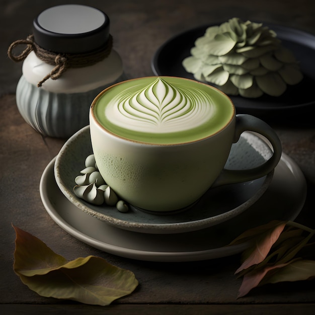 Foto een kopje latte art met een groen blad erop.