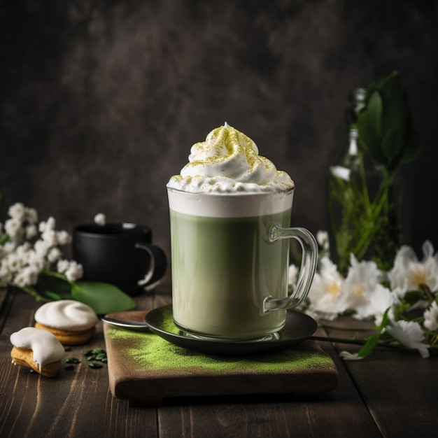 Een kopje latte met slagroom en een paar koekjes op tafel.