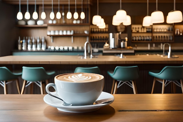 Een kopje latte staat op een houten toog voor een bar.