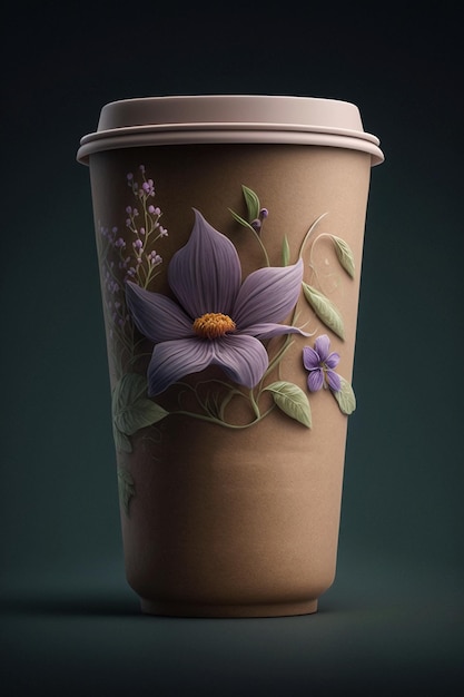 Een kopje met een paarse bloem erop geschilderd