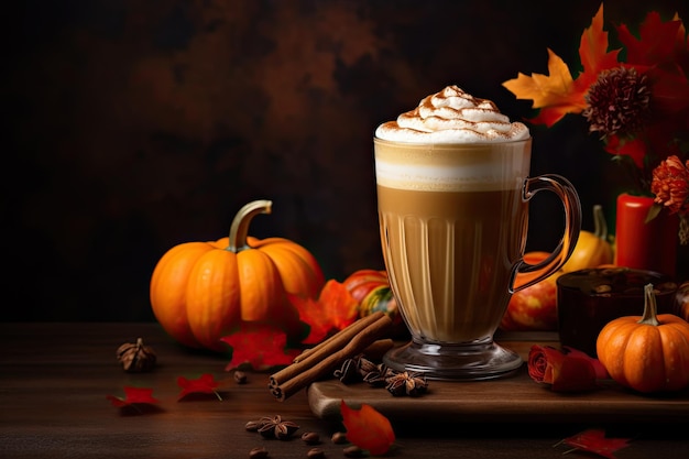 Een kopje Pumpkin Spice Latte-koffie met slagroom en pompoenen Generatieve AI