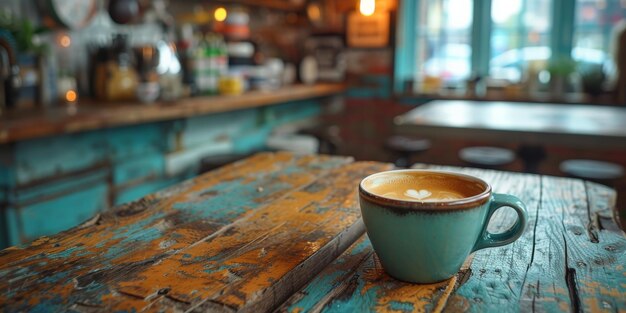 Foto een kopje romige koffie op een rustieke houten tafel van een gezellige café bar