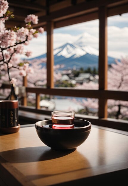 Foto een kopje sake in de japanse stad