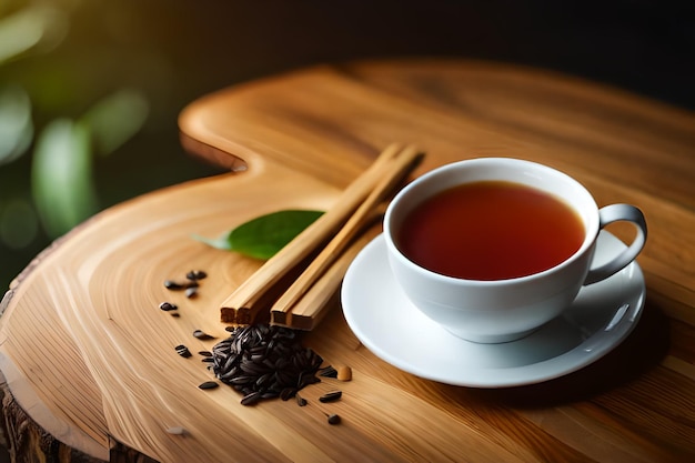 een kopje thee en eetstokjes op een houten dienblad met wat kruiden