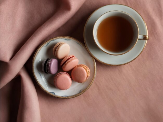 Een kopje thee en macarons op roze stof.