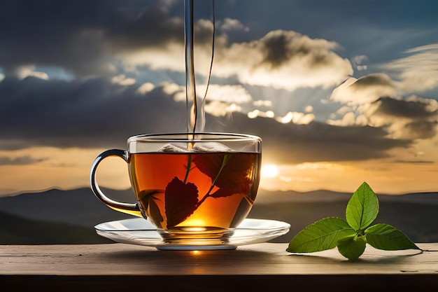 een kopje thee met bladeren op een tafel met een zonsondergang op de achtergrond.