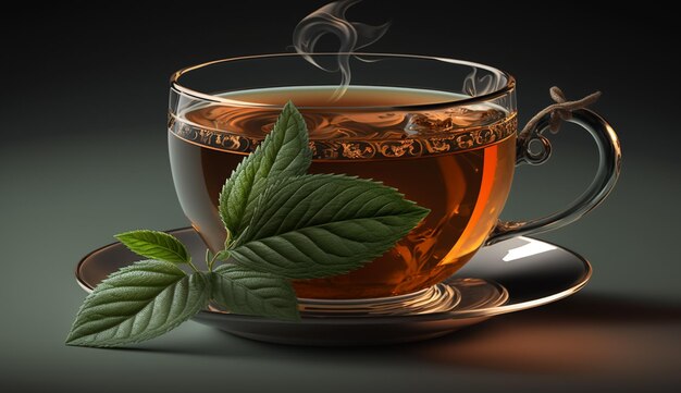 Een kopje thee met een bladgroen blad erop