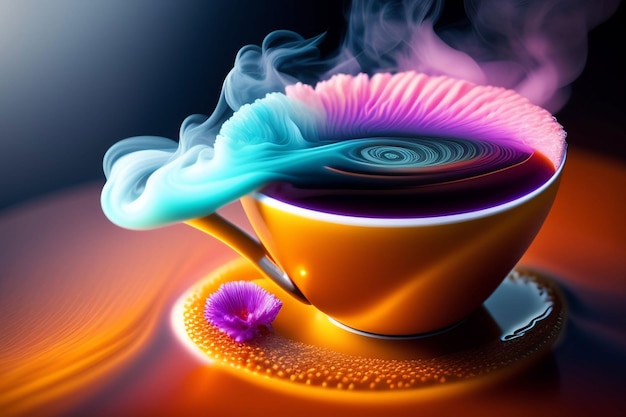 Een kopje thee met een regenboog en een bloem die in het midden zweeft