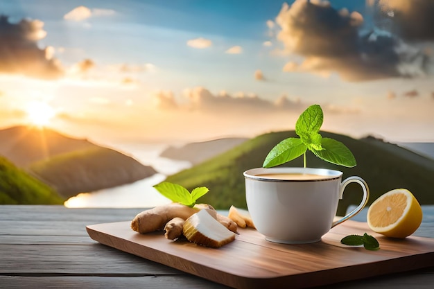 Een kopje thee met gember op een houten plankje met uitzicht op de oceaan op de achtergrond.