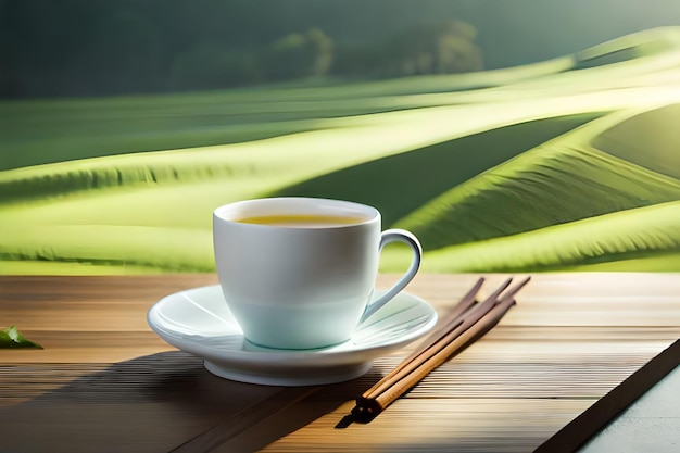 een kopje thee op een schoteltje met rijst op de achtergrond