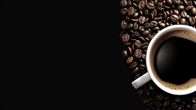 Een kopje zwarte koffie met een schuimhart op een donkere achtergrond omringd door koffiebonen