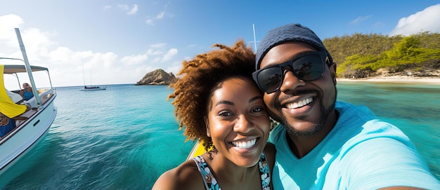 een koppel dat poseert voor een selfie op een cruiseboot in de stijl van levendige kustlandschappen