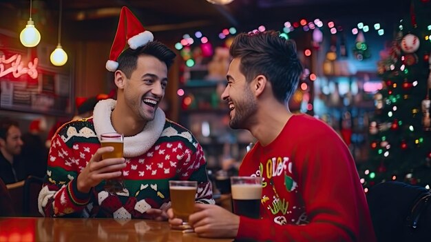 Een koppel drinkt in een bar op kerstavond.