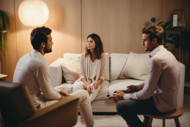 Een koppel met medische maskers dat op de bank zit en thuis met een psycholoog praat. Een leuk koppel dat een gesprek voert met een psycholoog tijdens een therapiesessie in de kamer.