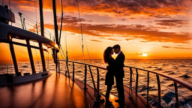 Foto een koppel zoent op een boot bij zonsondergang