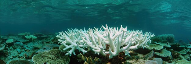 Een koraal in de Stille Oceaan is gebleekt door hogere dan normale zeetemperaturen. Bleeking is het verlies van symbiotische zooxanthellae uit de weefsels van het koraal met kopieerruimte.