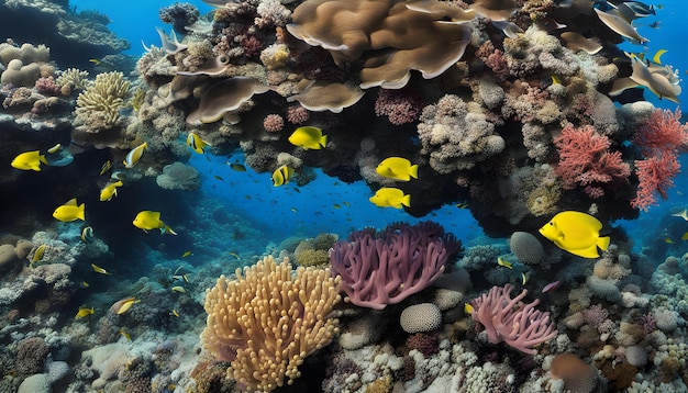een koraalrif met veel verschillende gekleurde vissen en koralen