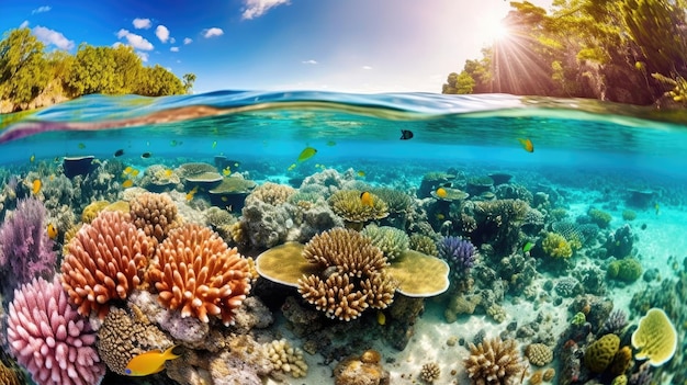 een koraalrif met vissen en bomen op de achtergrond