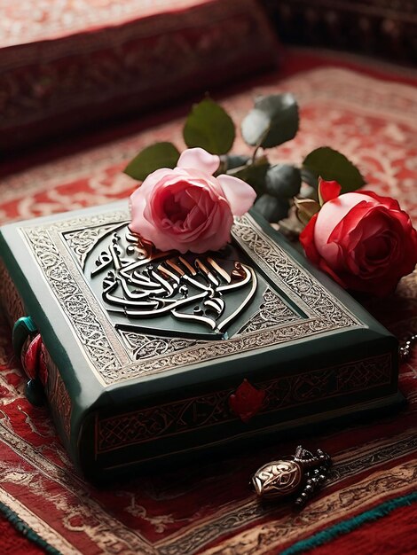 Een Koran Sharif naast een bloem en Tasbeeh