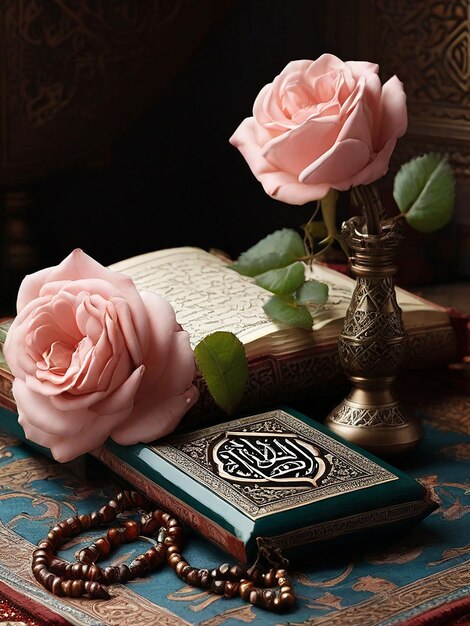 Foto een koran sharif naast een bloem en tasbeeh